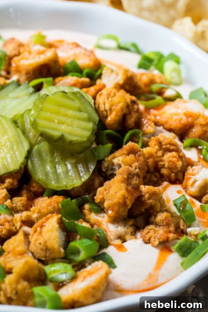 Nashville Hot Chicken Dip served with a generous array of tortilla chips, ready for snacking.