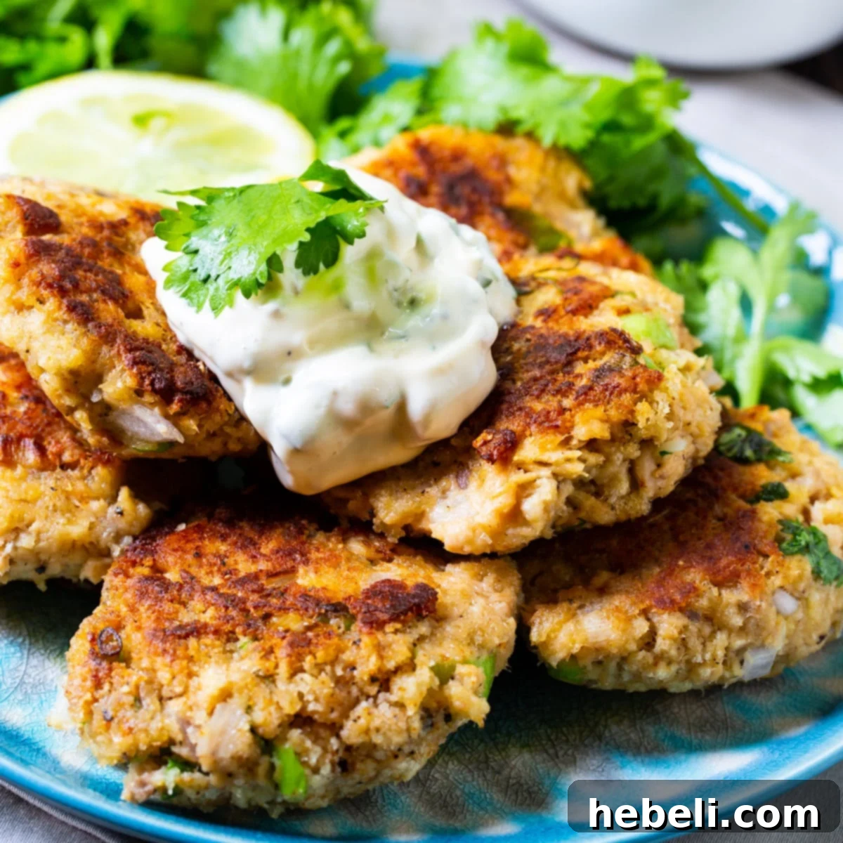 Golden-brown Salmon Croquettes with a dollop of creamy Cilantro Mayonnaise, garnished with fresh herbs on a pristine white plate.