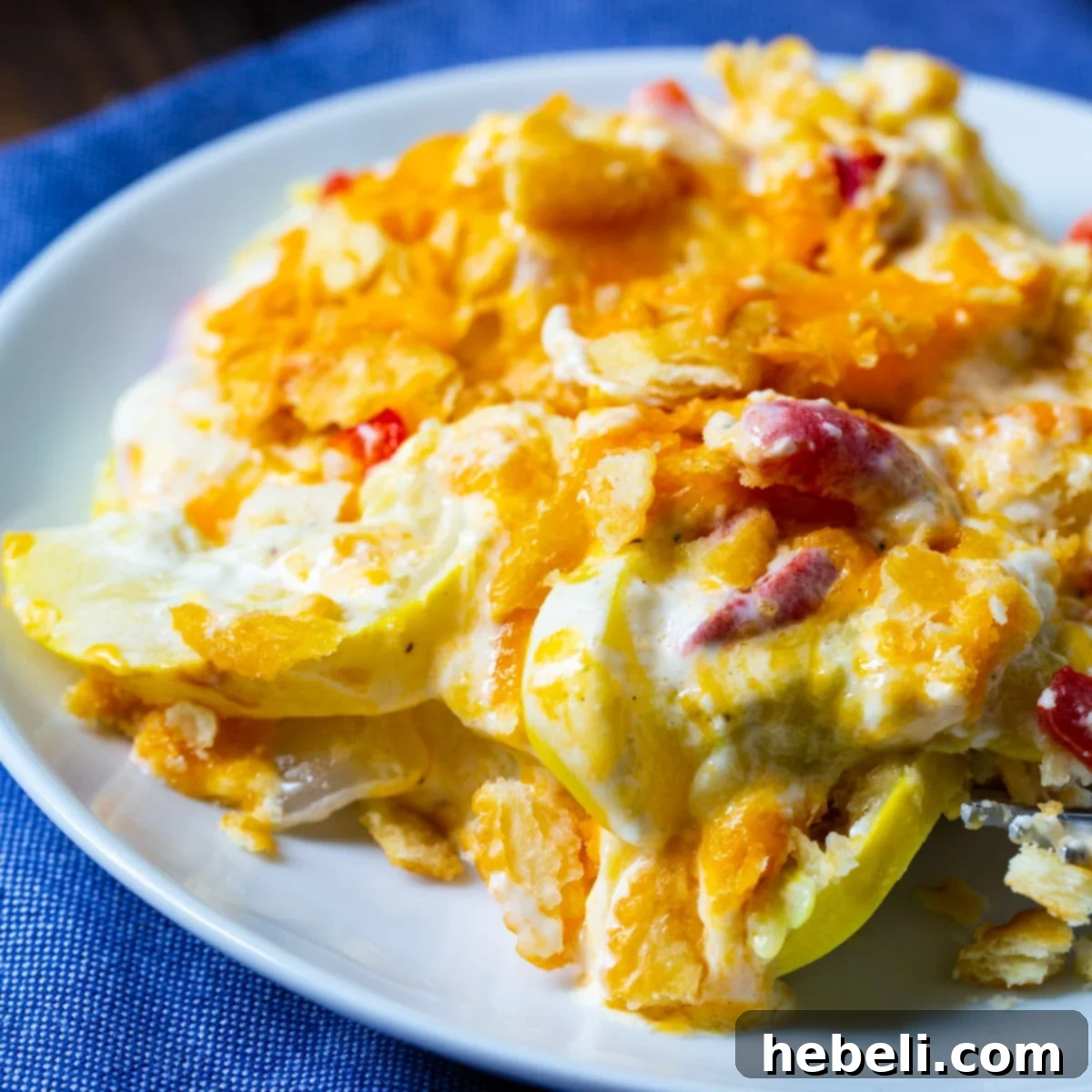 A serving of Pimento Cheese Squash Casserole on a plate, showcasing its creamy texture and golden-brown topping.
