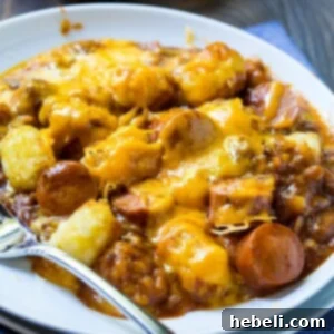 Cheesy Hot Dog Tater Tot Casserole, a classic comfort food.