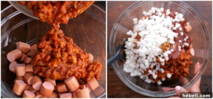 Mixing the hot dog and chili mixture in a bowl.