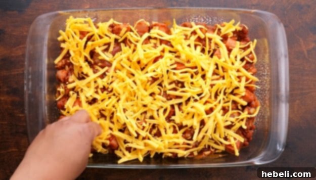 First layer of shredded cheddar cheese over the chili mixture.