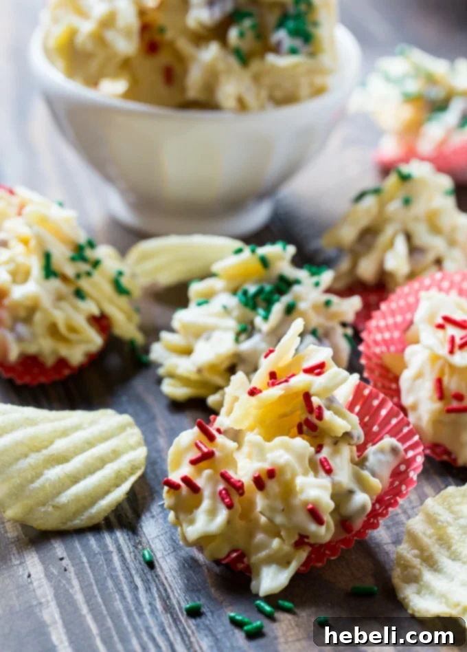 Whie chocolate Potato Chip Clusters close-up, ready to eat