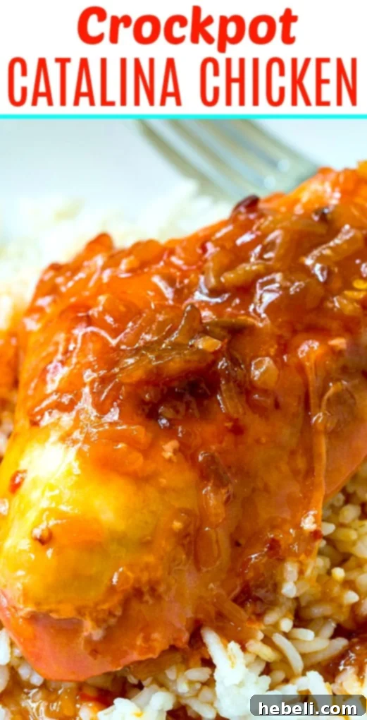 Close-up of Crockpot Catalina Chicken, an easy 5-ingredient meal.