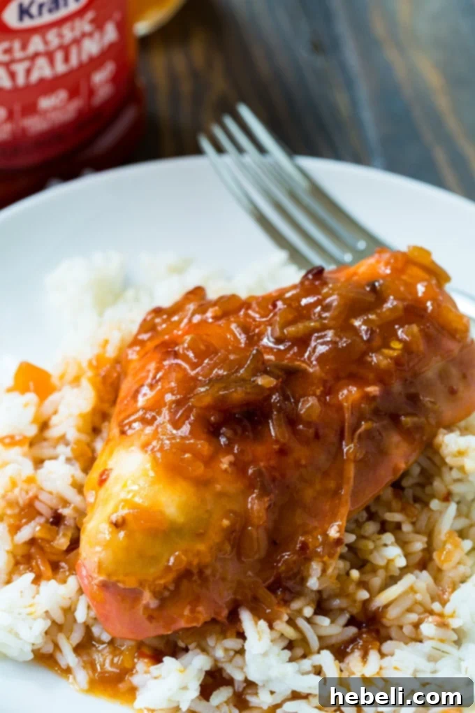 Crockpot Catalina Chicken served over fluffy white rice.