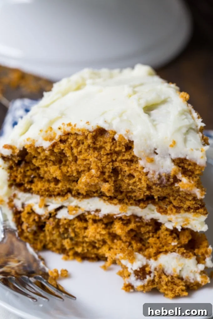 Close-up of a slice of Tomato Soup Spice Cake showing its moist texture and cream cheese frosting