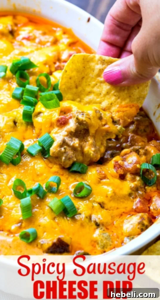 A tortilla chip generously scooping up a portion of the rich, spicy sausage cheese dip, ready to be enjoyed.