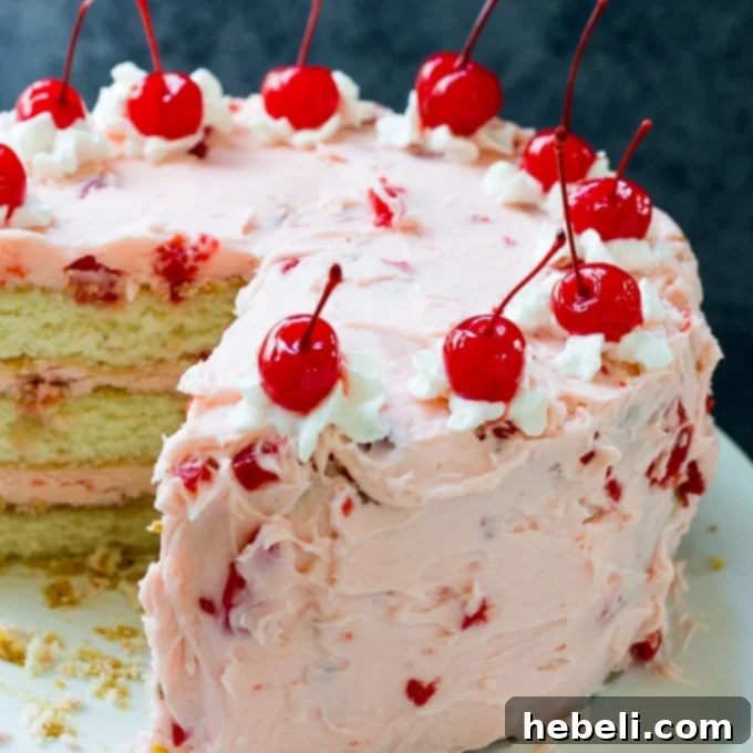 Lush White Cake with Maraschino Cherry Frosting, perfect for holidays