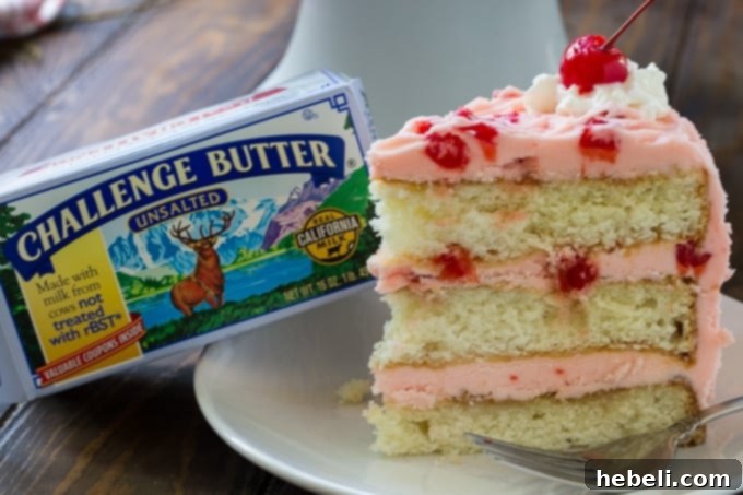 Ingredients for White Cake with Maraschino Cherry Frosting, featuring Challenge butter