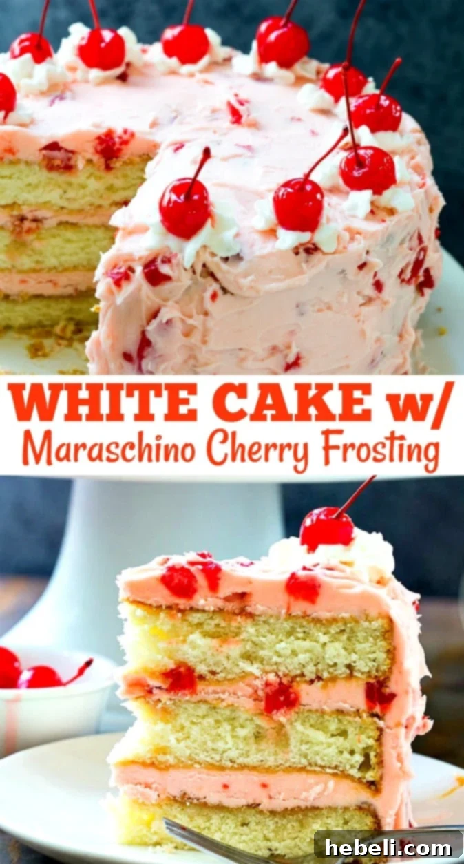 Beautifully decorated White Cake with Maraschino Cherry Frosting, ready to serve