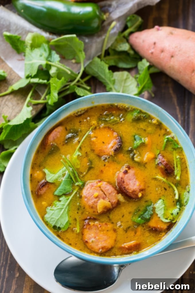 Delicious Sausage and Sweet Potato Soup made with leftover sweet potato casserole, ready to serve
