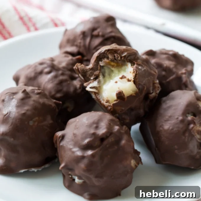 A beautifully arranged platter of Martha Washington Candy, showcasing the rich chocolate coating and hints of coconut and pecan within.