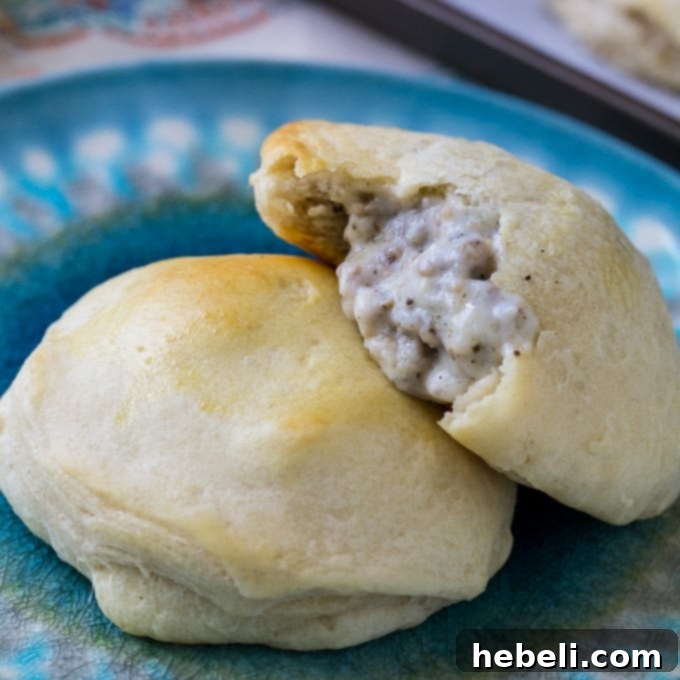 Biscuits Bursting with Sausage Gravy 2 Sausage Gravy Stuffed Biscuits, a perfect Southern comfort food