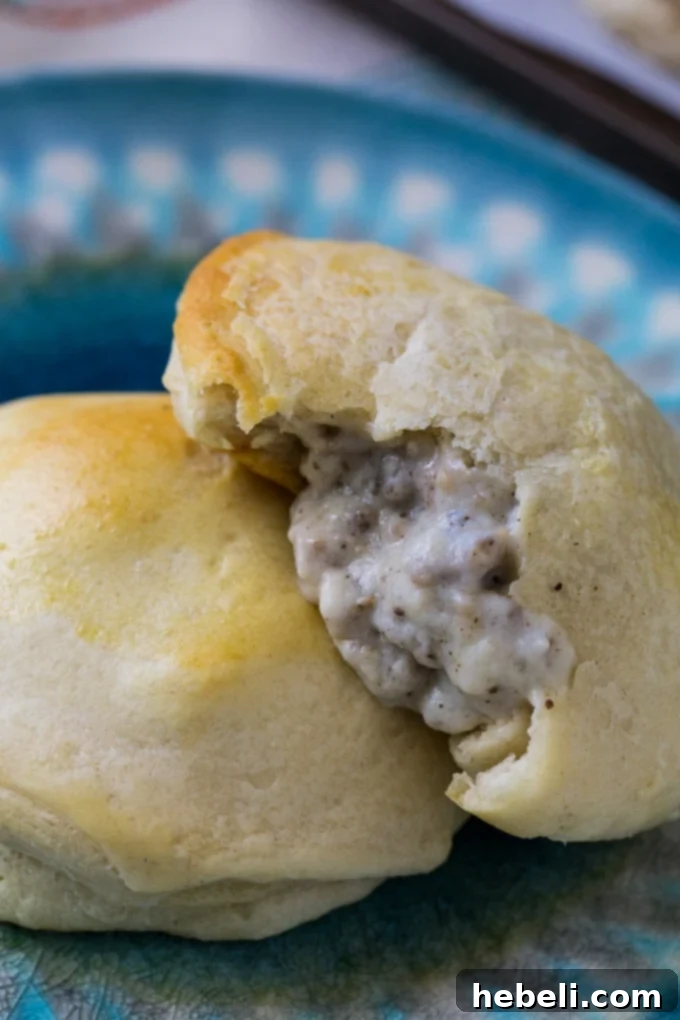 Biscuits Bursting with Sausage Gravy 6 Freshly baked Sausage Gravy Stuffed Biscuits