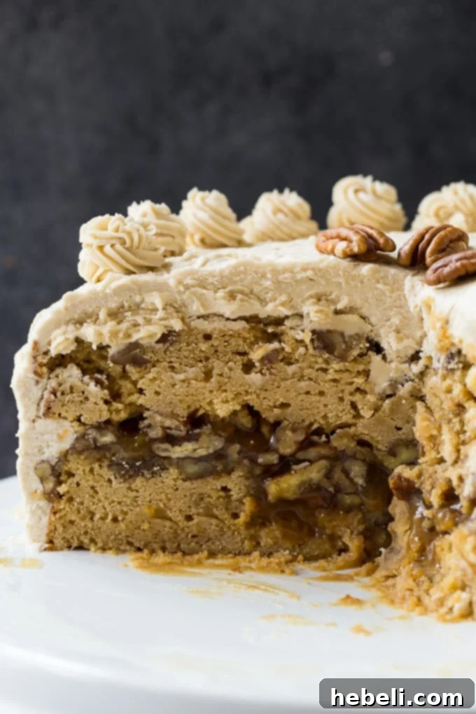Pecan Pie Layer Cake with rich brown sugar frosting