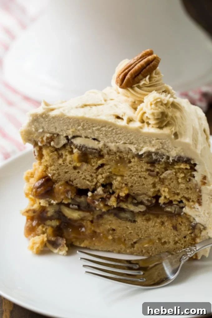 Pecan Pie Layer Cake with gooey pecan filling center