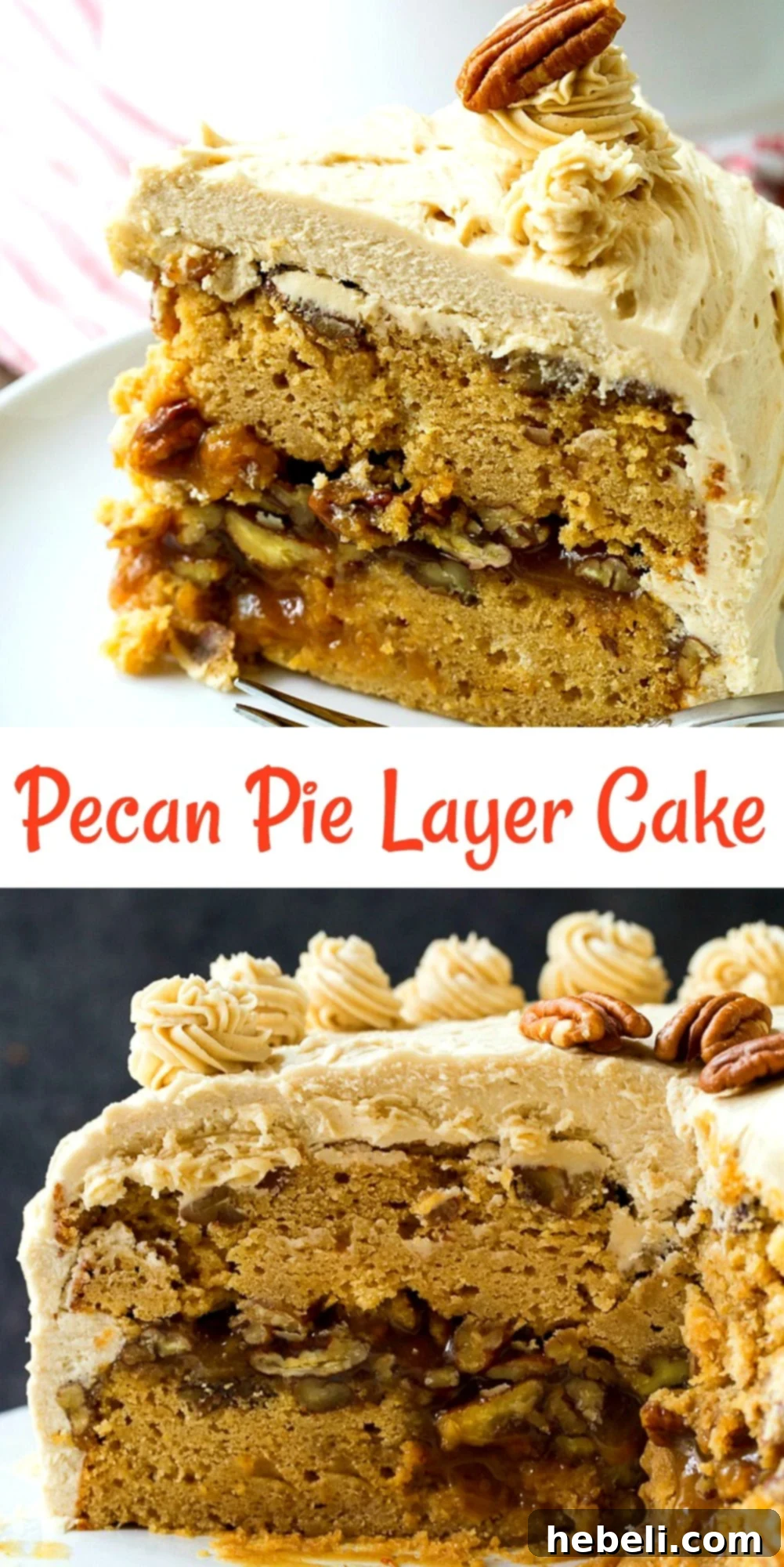 Sliced Pecan Pie Layer Cake showing filling