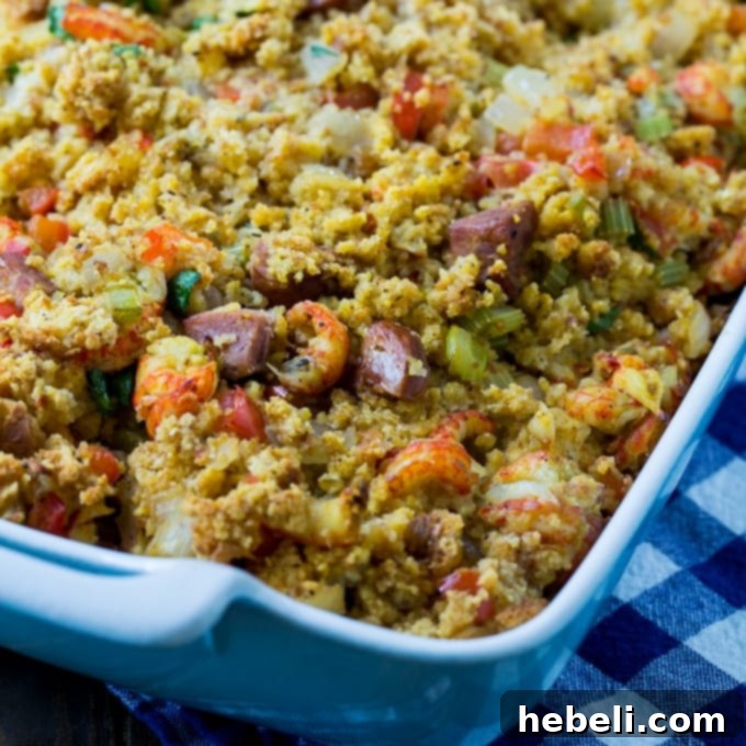 Rich and flavorful Crawfish Dressing, perfect for a Southern Thanksgiving spread