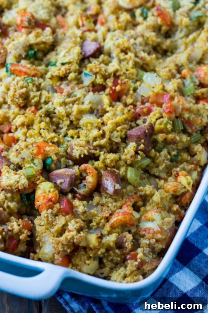 A delectable close-up of Crawfish Dressing, showcasing its rich texture and ample crawfish, ideal as a Southern Thanksgiving side dish
