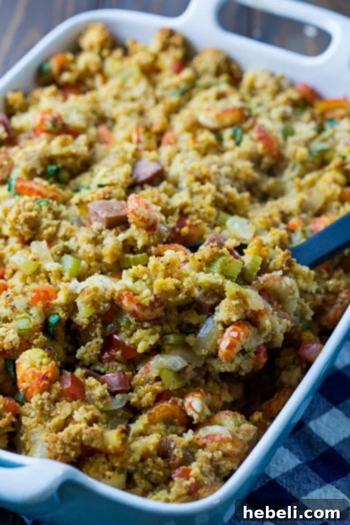 A baking dish filled with rich Crawfish Dressing, ready to be served at a holiday feast