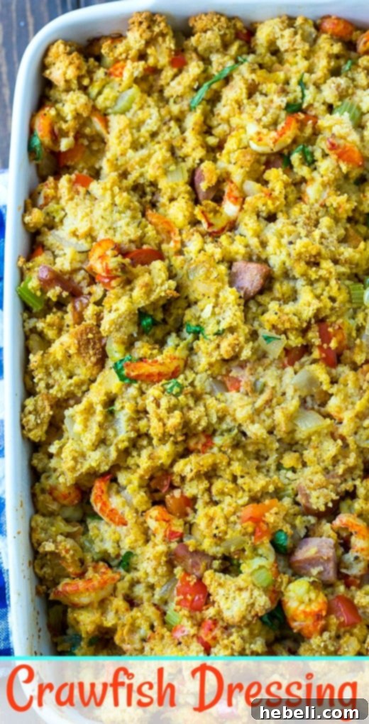 Beautifully presented Crawfish Dressing, garnished with fresh herbs, ready for a holiday meal