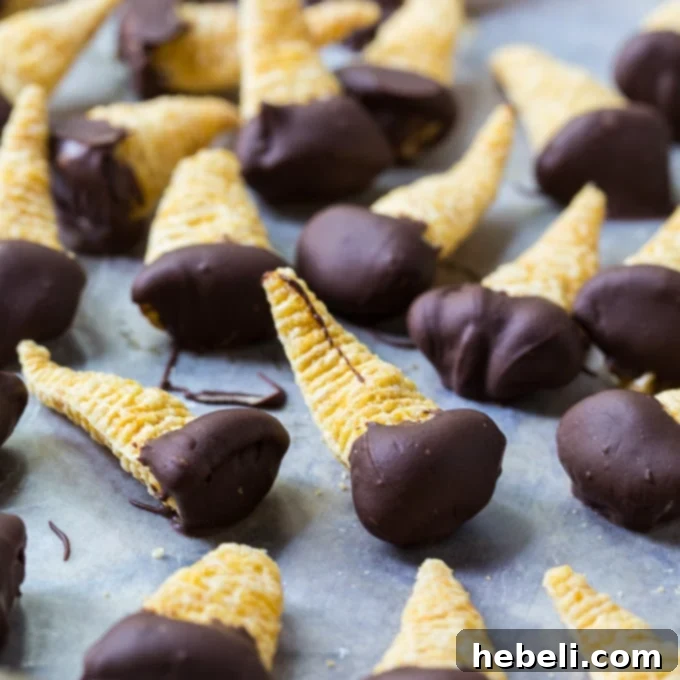 Chocolate Peanut Butter Bugle Bliss 2 Chocolate Dipped Peanut Butter Bugles - A close-up of the delicious snack