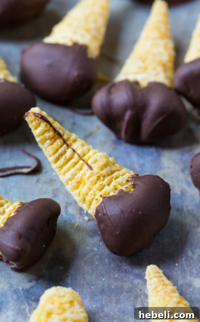 Chocolate Peanut Butter Bugle Bliss 10 Chocolate Dipped Peanut Butter Bugles - A close up of the delectable snack