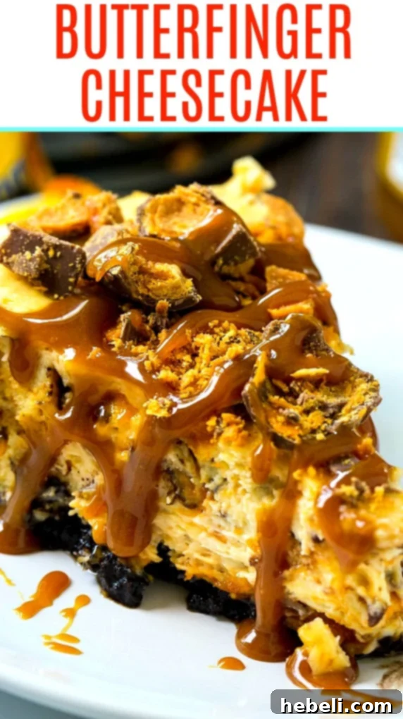 Butterfinger Crunch Cheesecake 7 Slice of Butterfinger Cheesecake with a fork