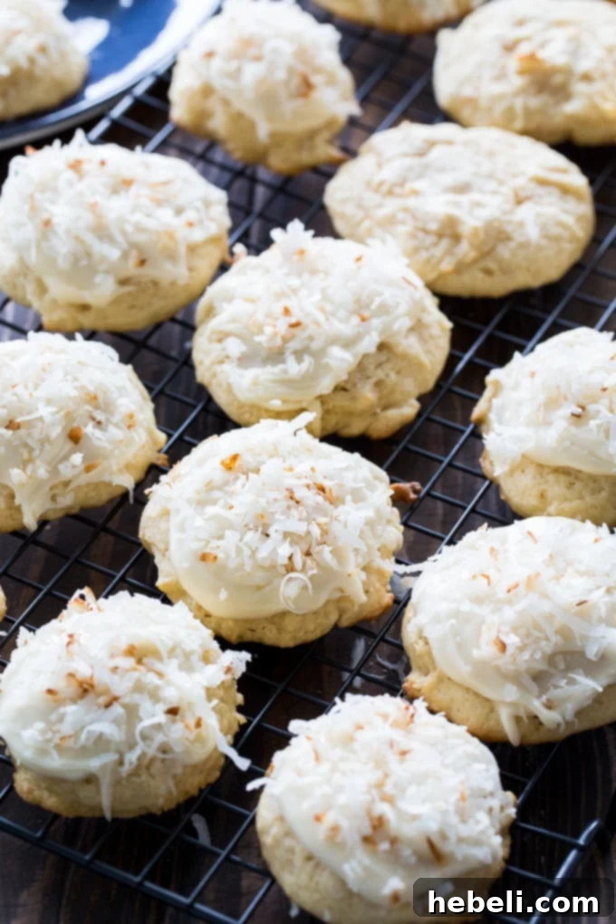 Coconut Clouds with browned butter frosting - close up of cookie texture and topping
