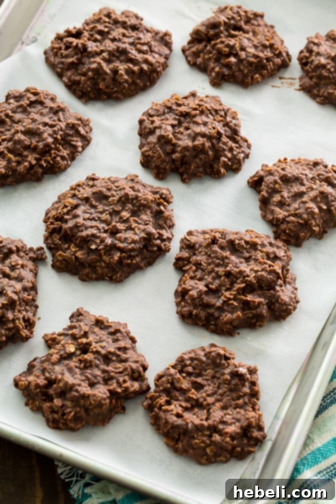 A tray of freshly made No-Bake Chocolate Oatmeal Cookies cooling on a baking sheet, showcasing their rich color and texture.