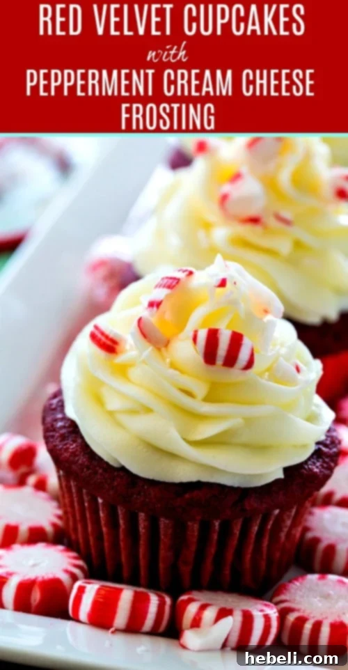 Peppermint Dream Red Velvet Cupcakes 6 A beautifully decorated Red Velvet Cupcake with Peppermint Cream Cheese Frosting and crushed candy cane sprinkles, ready for Christmas.
