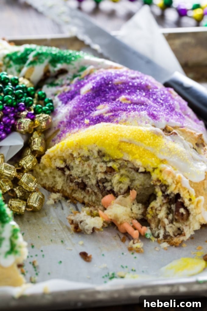 Cinnamon-Pecan King Cake - Finished with glaze and sprinkles