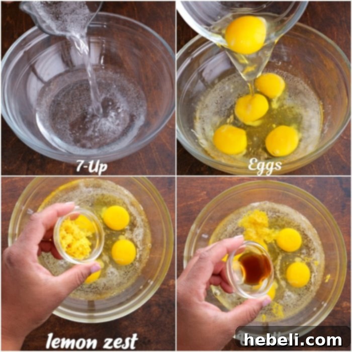 Whisking together 7-Up, eggs, lemon zest, and vanilla, creating the vibrant wet mixture for the cake.