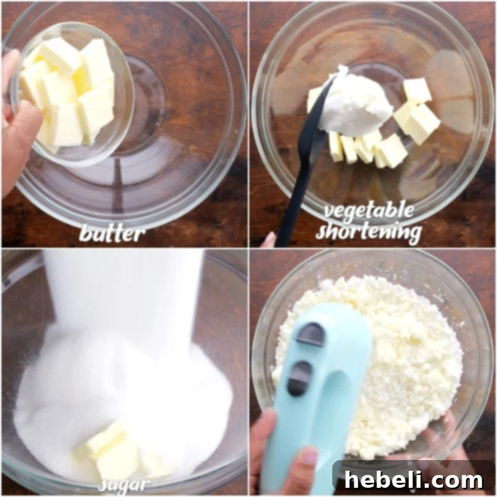 Creaming butter, shortening, and sugar until light and fluffy, a key step for a tender 7UP cake.