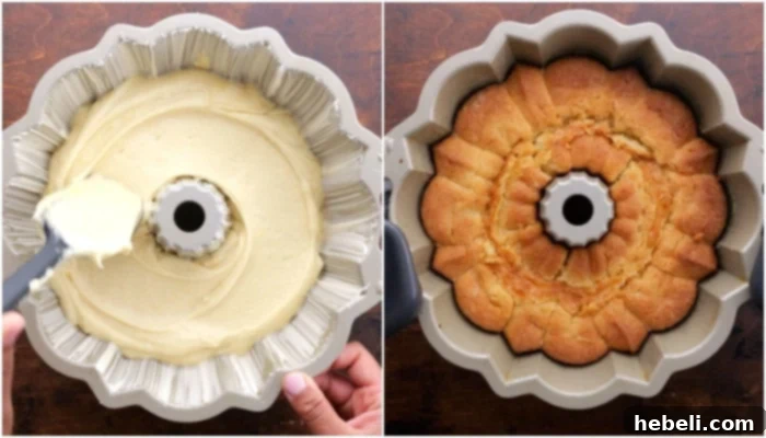 A delicious 7UP cake baking in a Bundt pan, rising beautifully to a golden hue.