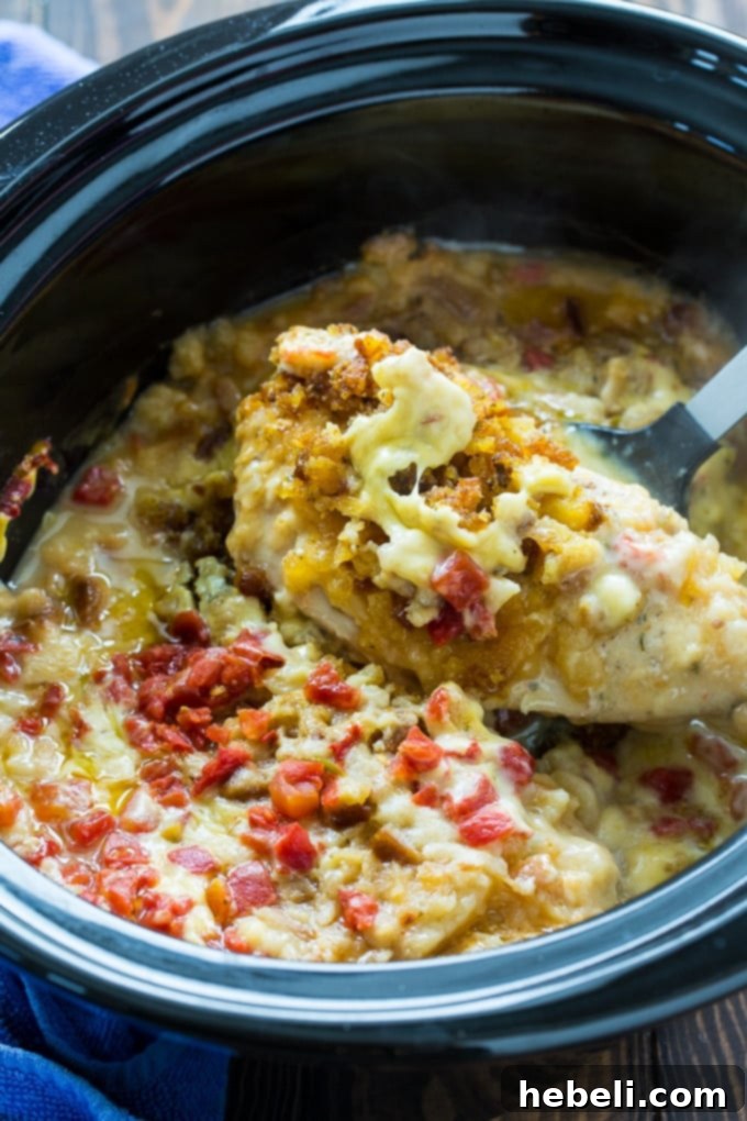 Slow Cooker Cheesy Chicken and Stuffing Dinner 3 Close-up of Crock Pot Cheesy Stuffing Chicken with tomatoes and melted cheese.