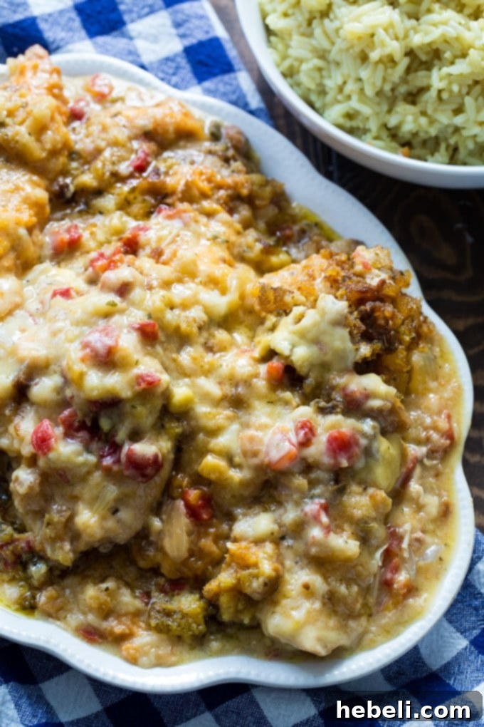 Slow Cooker Cheesy Chicken and Stuffing Dinner 4 Serving of Crock Pot Cheesy Stuffing Chicken, showing the layers of chicken, cheese, and stuffing.
