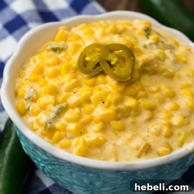 Crock Pot Jalapeno Creamed Corn, a rich, creamy, and spicy side dish