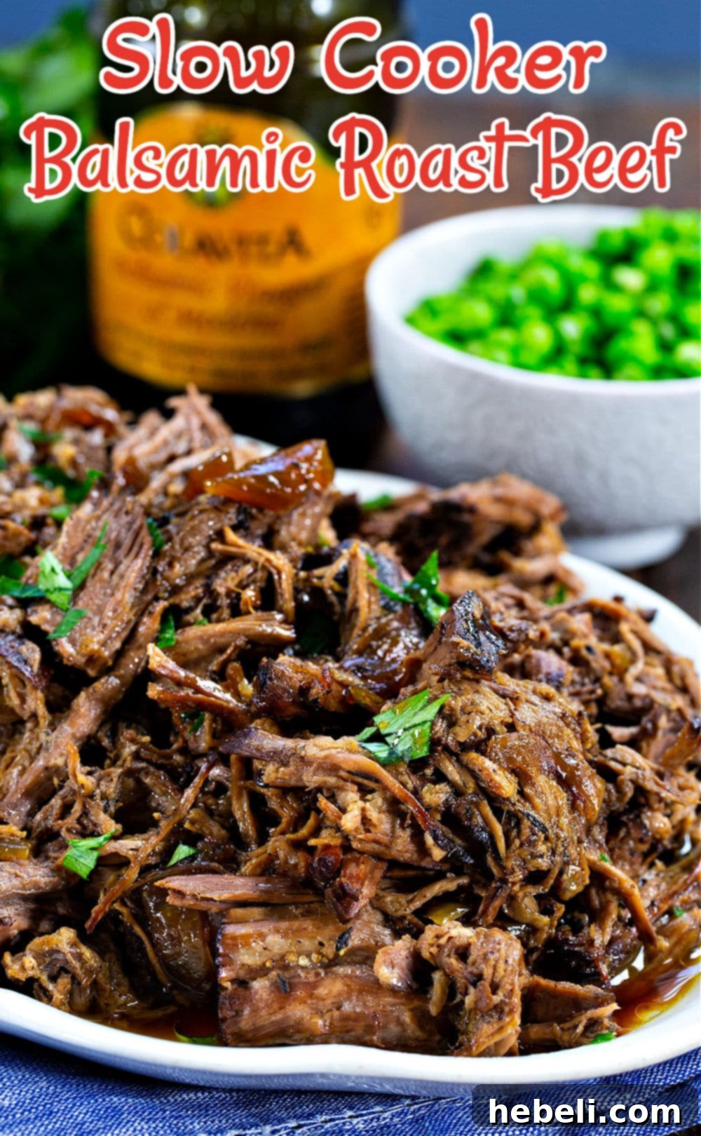 Crock Pot Balsamic Roast Beef on serving platter.