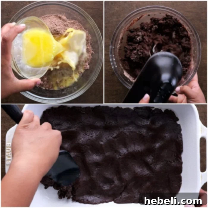 Mixing the Devil's Food cake mix, egg, and melted butter to form the crust.