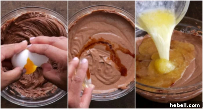 Adding eggs, vanilla extract, and melted butter to the Nutella cream cheese mixture.