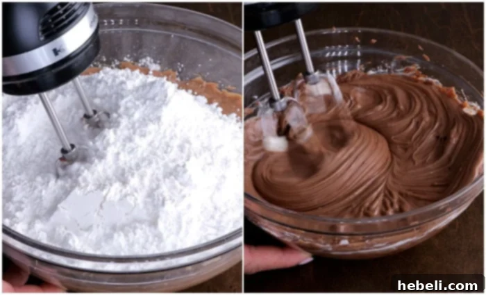 Powdered sugar being mixed into the creamy Nutella and cream cheese filling.