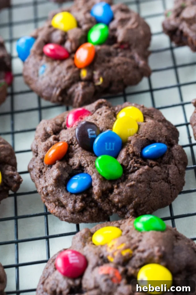 Decadent Double Chocolate M&M Cookies 4 Double Chocolate M&M Cookies are soft and fudgy, stacked up