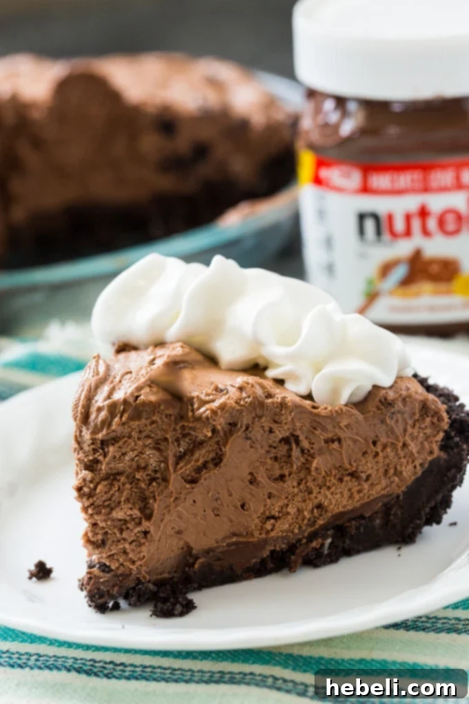 Decadent No-Bake Nutella Pie 3 A whole Creamy No Bake Nutella Pie in its Oreo crust, showcasing the smooth, enticing filling.