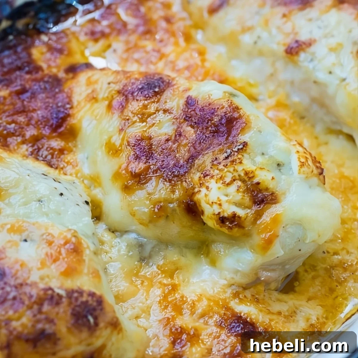 Creamy Baked Swiss Chicken in baking dish, ready to be served.