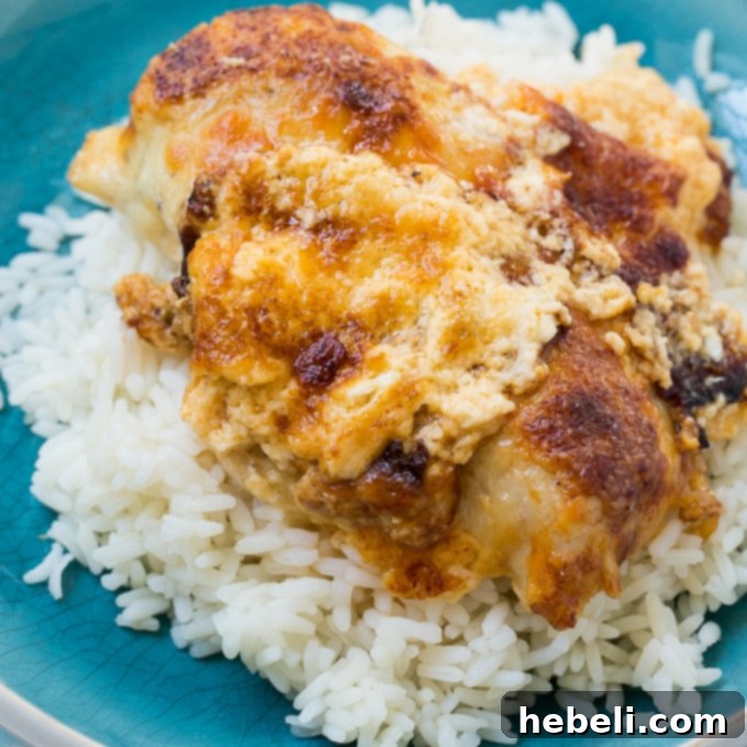 Creamy Baked Swiss Chicken served generously over a bed of white rice.