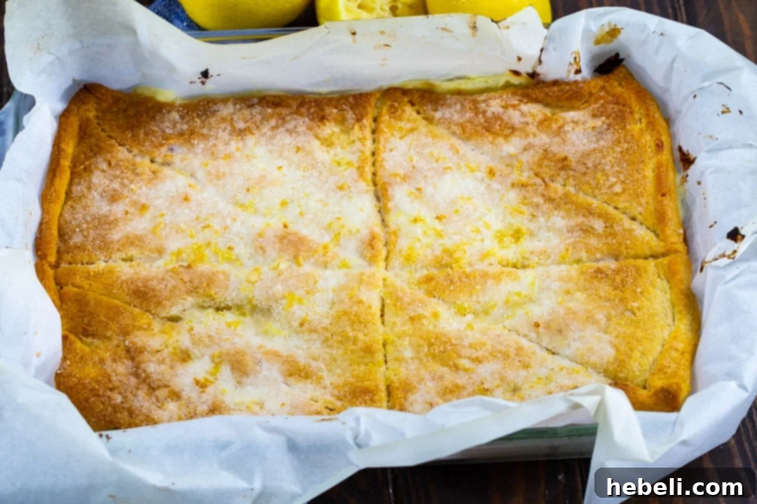 Zesty Lemon Cream Cheese Bars 5 Lemon Cream Cheese Bars in a baking dish, fresh from the oven with a golden-brown top crust and bubbly filling.