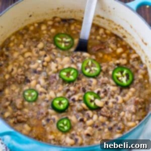 A delicious pot of Black-Eyed Peas with Jalapeno, ready to be served.