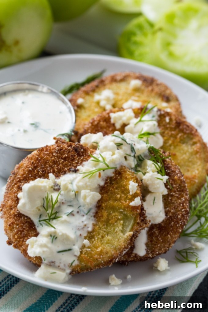 Homemade Fried Green Tomatoes with Buttermilk Feta Dressing and Bacon Crumbles