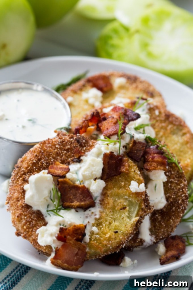 Close-up of Golden Fried Green Tomatoes with Buttermilk Feta Dressing and Bacon